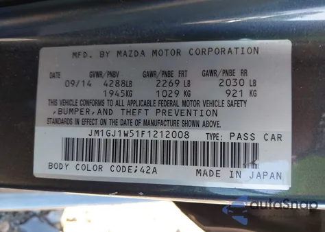 2015 Mazda Mazda6 I Grand Touring z USA, uszkodzony, nr VIN JM1GJ1W51F1212008